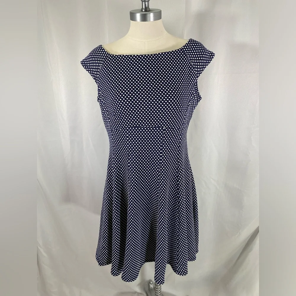 Always Indigo dress navy polka dot fit n flare Easter wedding date night XL - Picture 1 of 5